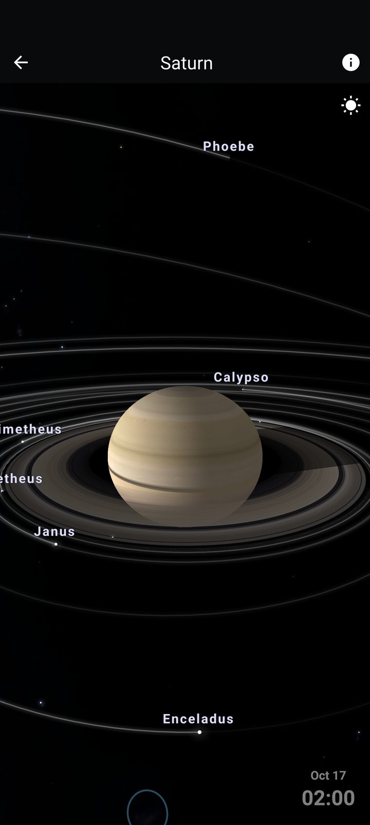 Saturn, its rings and its moons in 3D